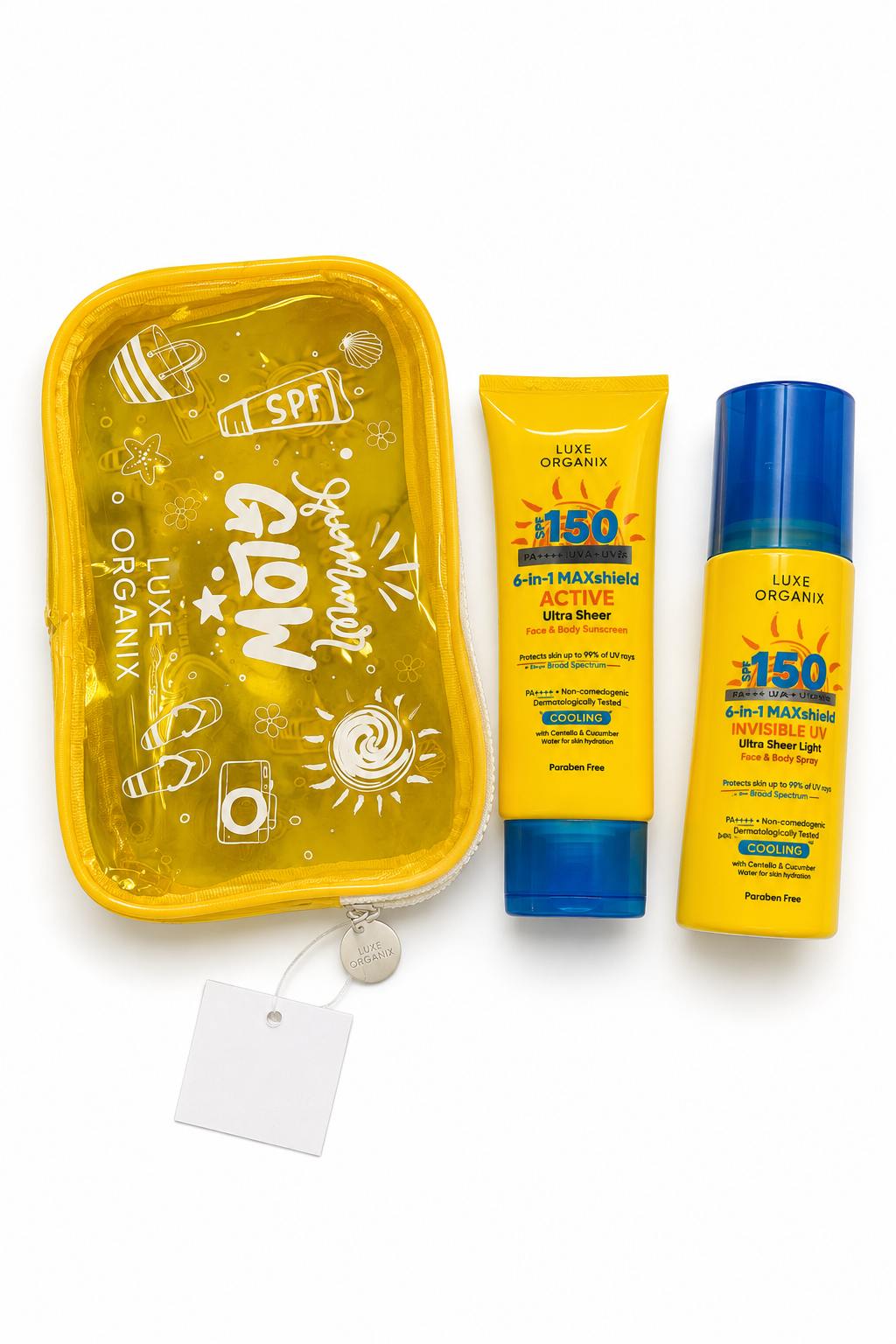 A sunscreen gift set from Luxe Organics on a white background, featuring a translucent yellow zippered pouch with white doodles and text, a yellow tube of Glow Maxxum Active UV Block SPF 150, and a yellow spray bottle of Glow Maxxum SPF 150 with a blue cap.