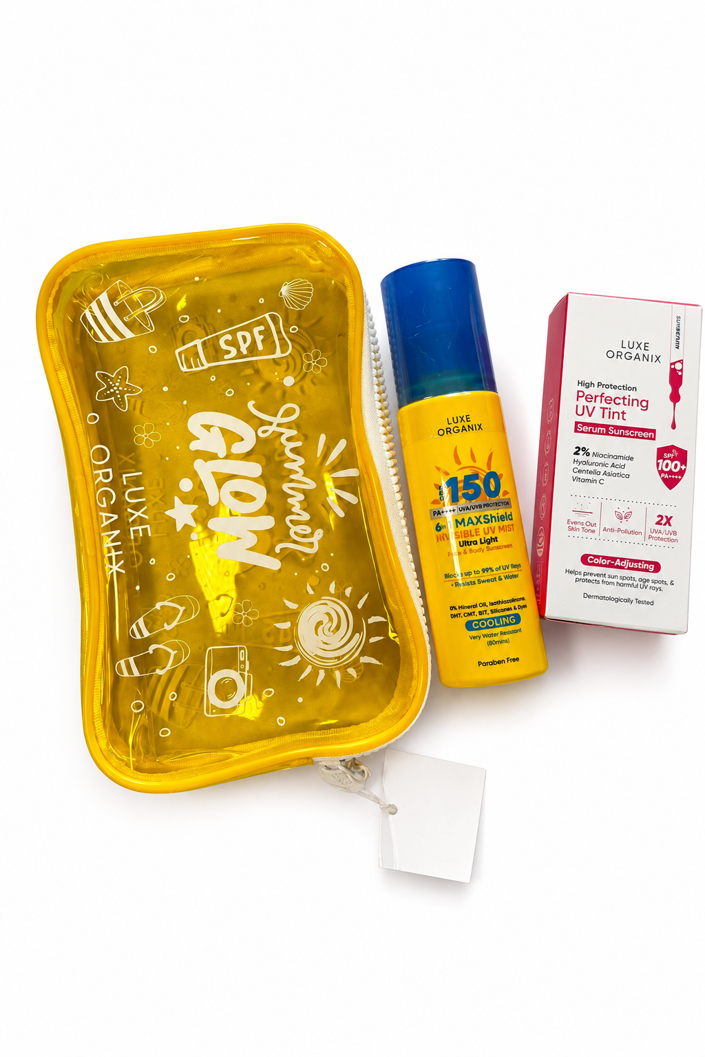 A sunscreen gift set from Luxe Organik on a white background, featuring a translucent yellow zippered pouch with 'Glow' printed on it, a yellow sunscreen spray bottle with a blue cap, and the product packaging box.