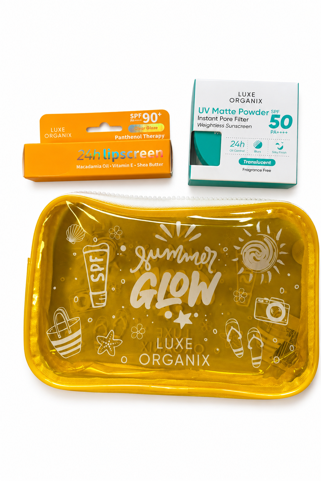 Three Luxe Organix summer sunscreen products arranged on a white background: an orange 2% UVPB sunscreen therapy stick, a white and teal UV Matte Powder SPF 50 bottle, and a translucent yellow 'Summer Glow' zip case.