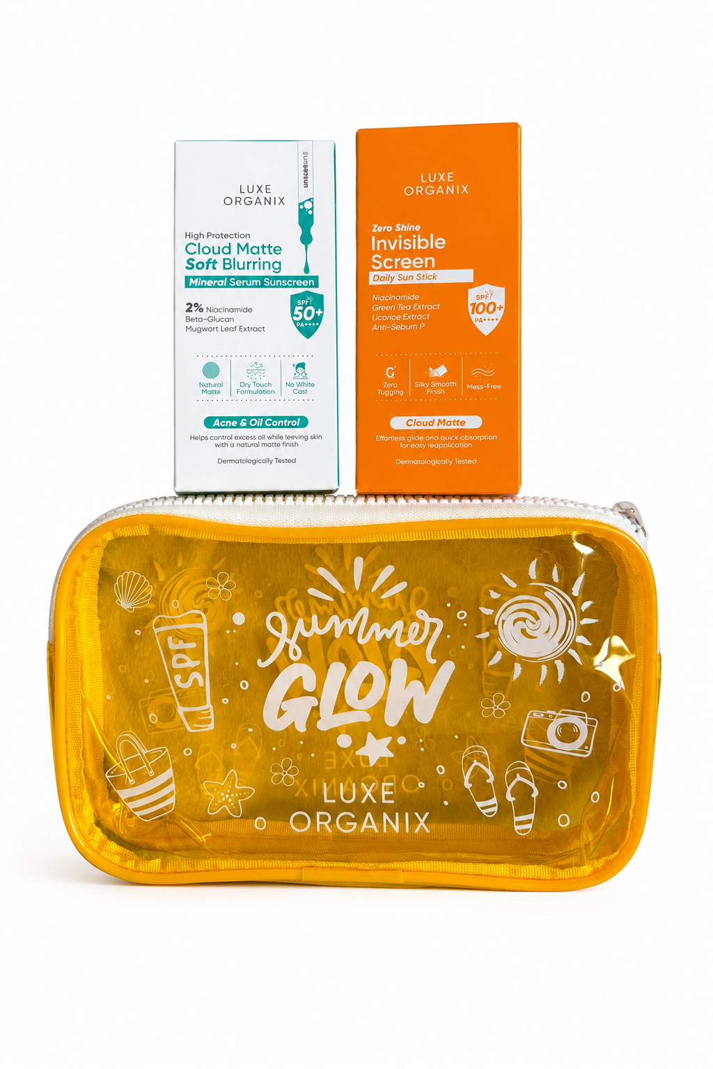 Three Luxe Organix sun protection and beauty items arranged on a white background: a translucent yellow zip pouch in front, a white box of Cloud Matte Soft Blurring Tinted Sunscreen behind it, and an orange box of Invisible Screen SPF 100 behind it.