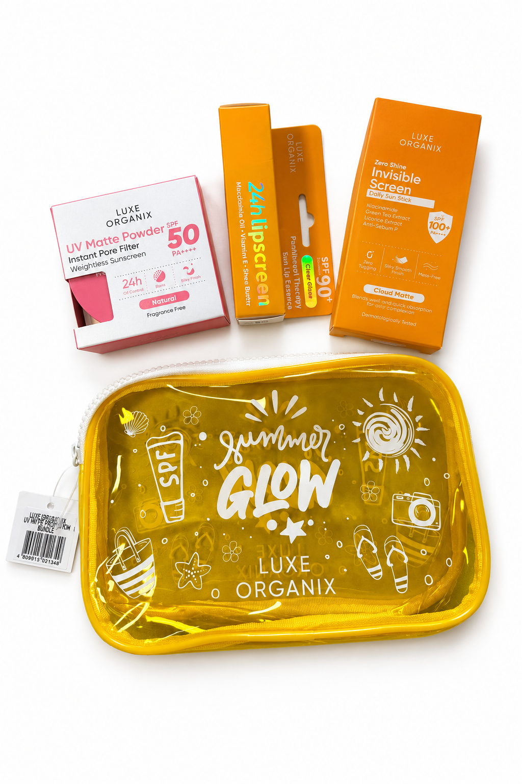 A set of Luxe Organix summer glow sunscreen and makeup items arranged on a white background, featuring a large translucent yellow zippered pouch in the foreground with white 'summer GLOW' lettering, plus SPF 50 UV Motion Powder and Invisible Sunscreen boxes and tubes behind it.