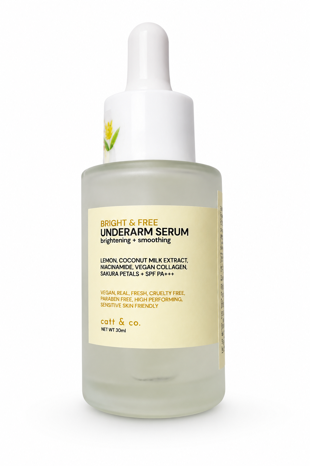 Bottle of 'Great & Free Underarm Serum' with a dropper on a white background