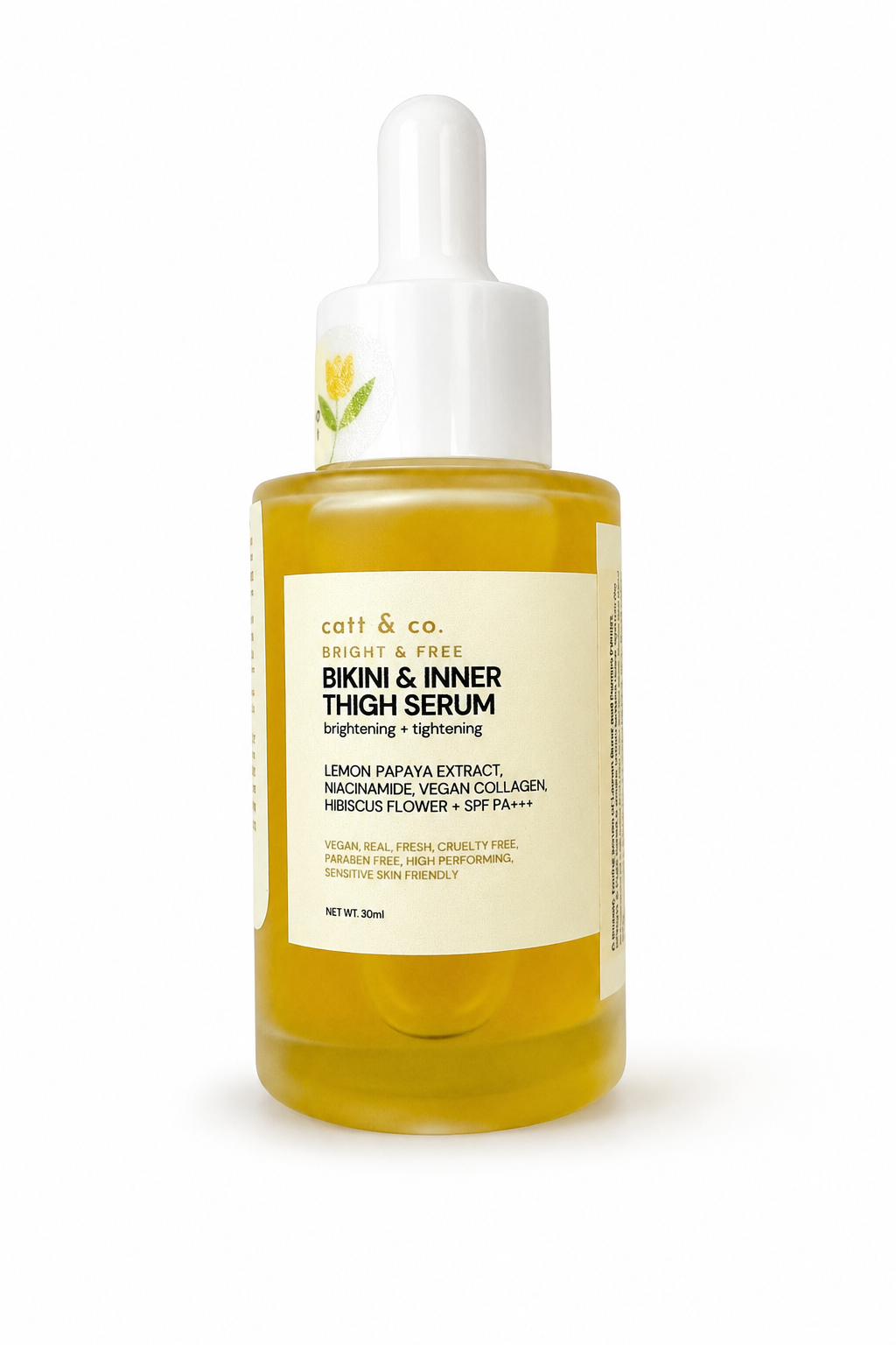 Bottle of bikini and inner thigh serum with a dropper on a white background