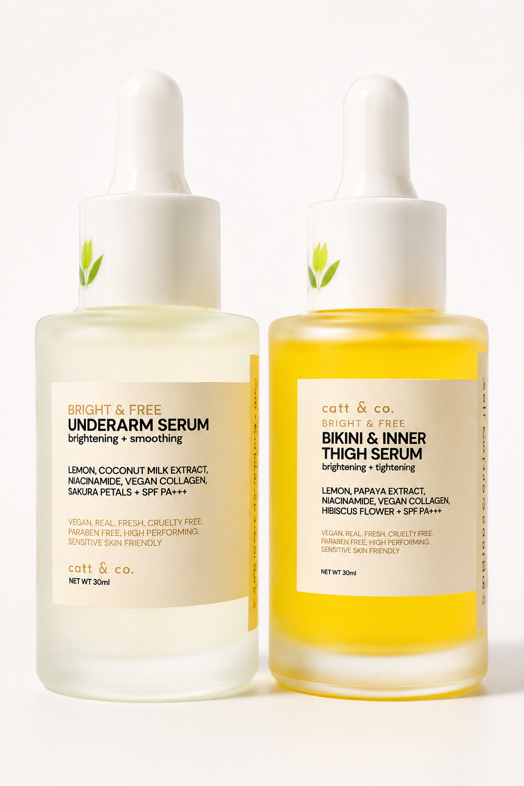 Two skincare serum bottles labeled 'Bright & Free Underarm Serum' and 'Bikini & Inner Thigh Serum' by cott & co on a white background.