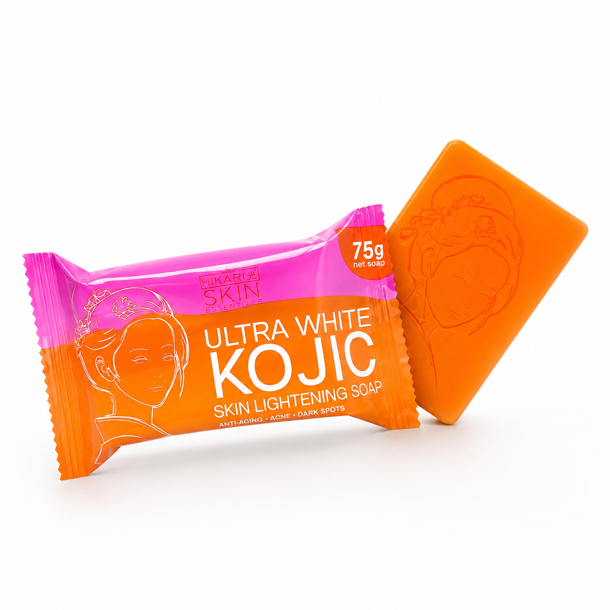 Ultra White Kojic skin lightening soap with packaging on a white background