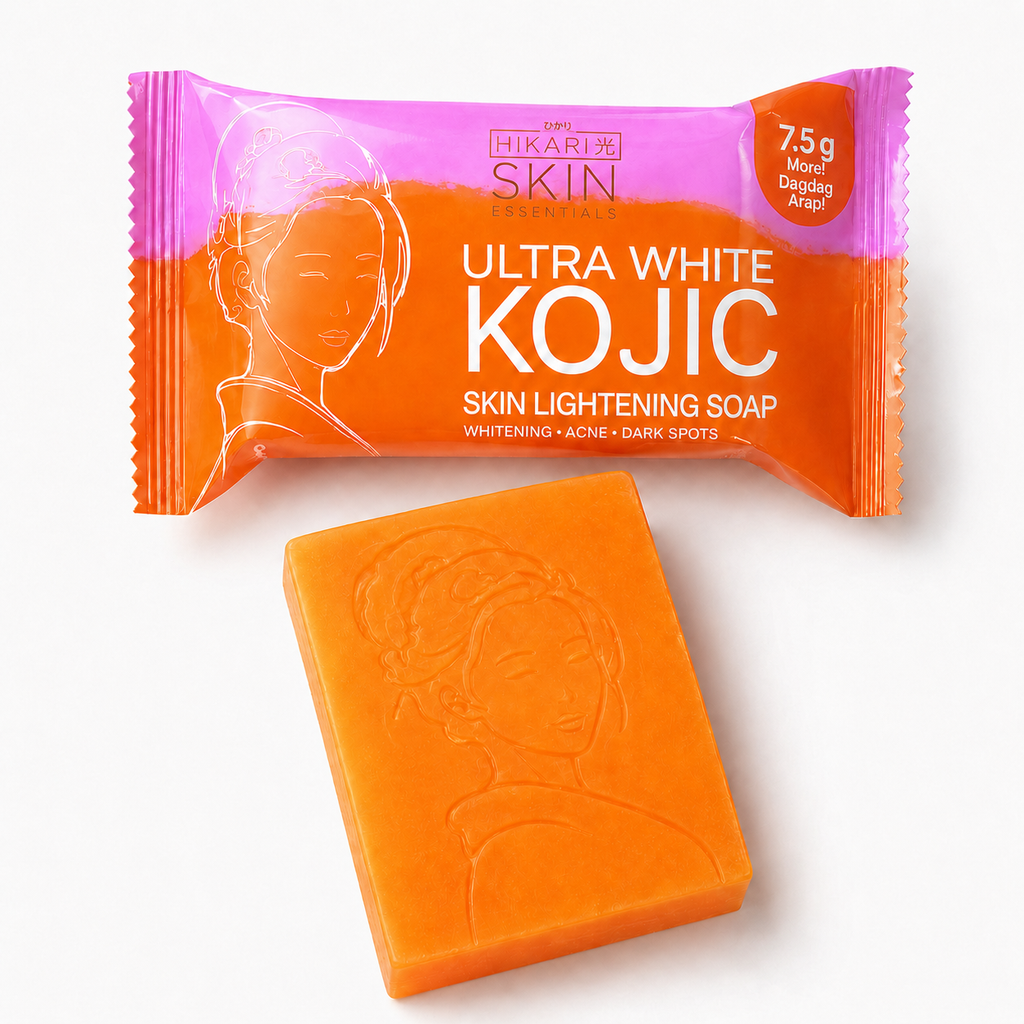 Orange Kojic skin lightening soap with packaging on a white background