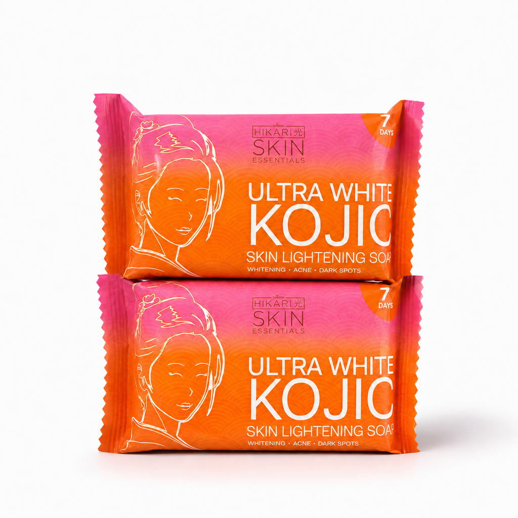 Two packages of Ultra White Kojic skin lightening soap on a white background