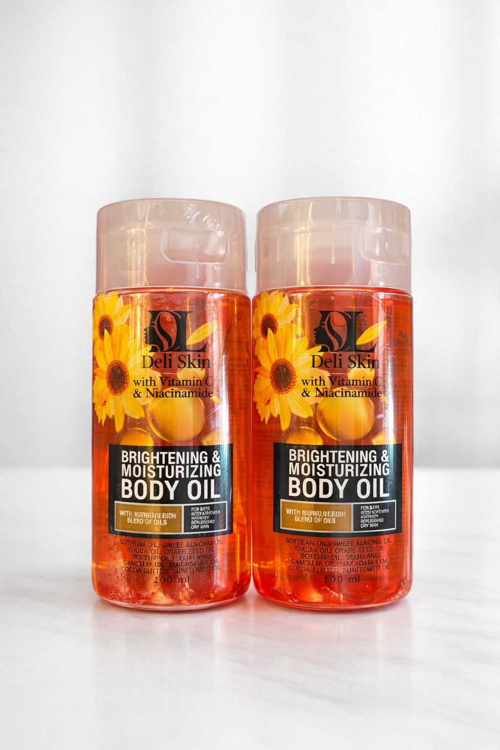Deli Skin moisturizing body oil with Vitamin C and Niacinamide, featuring a sleek bottle and natural skincare ingredients.