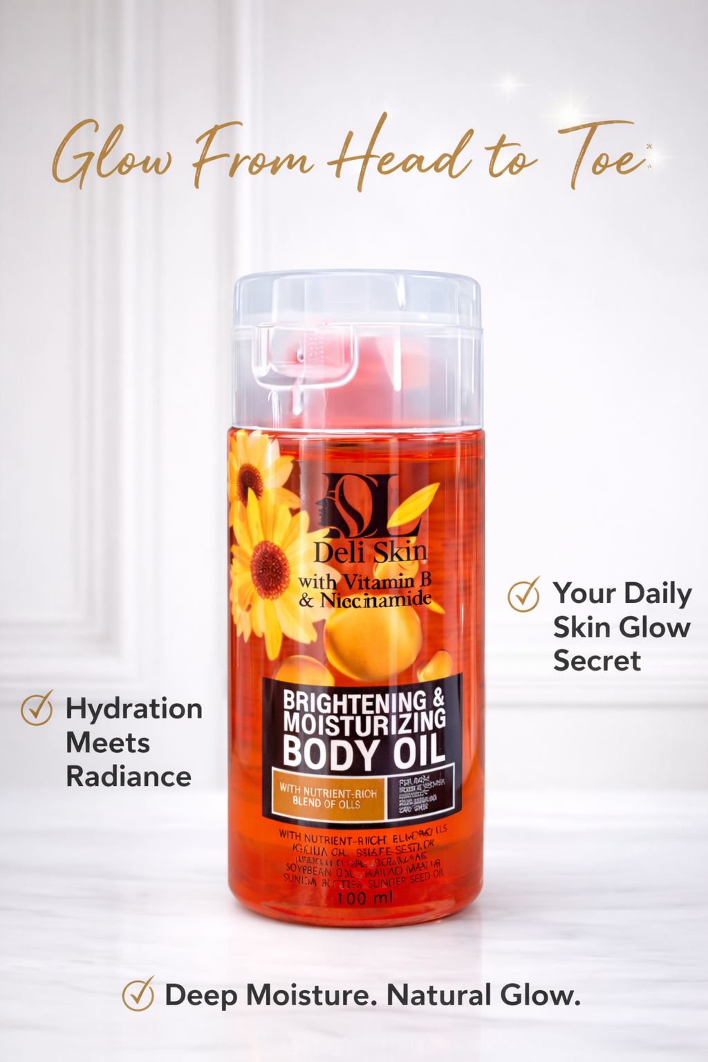 Deli Skin hydrating body oil with Vitamin C and Niacinamide, featuring a sleek bottle and a golden glow, ideal for glowing skin.