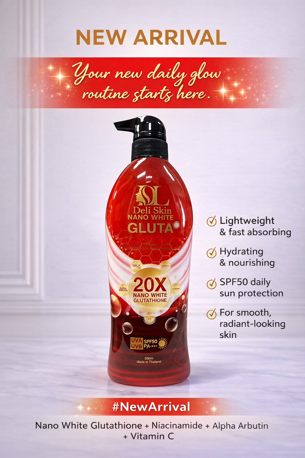 Deli Skin Complete Radiance Bundle featuring three nano Gluta skincare products for glowing skin.
