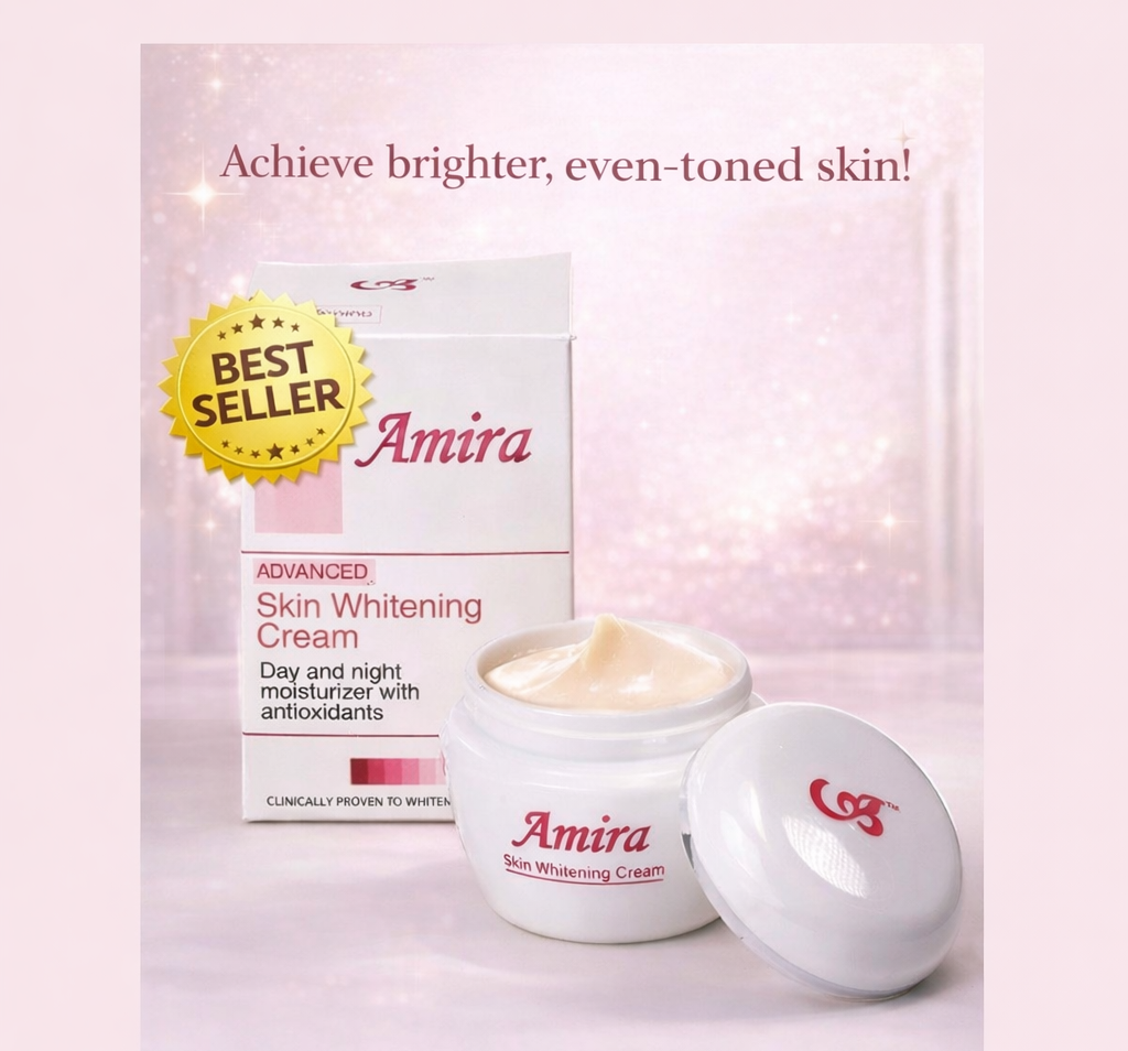 Amira Skin Radiance Cream 15g featuring a sleek jar with a white and gold label, designed for day and night glow skincare.