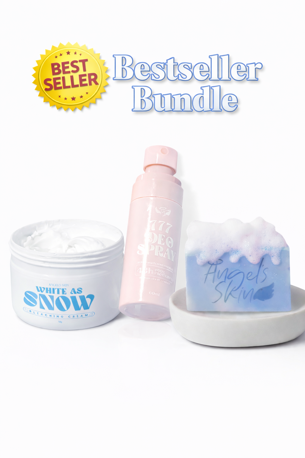 Skincare products with 'Bestseller Bundle' label on a white background