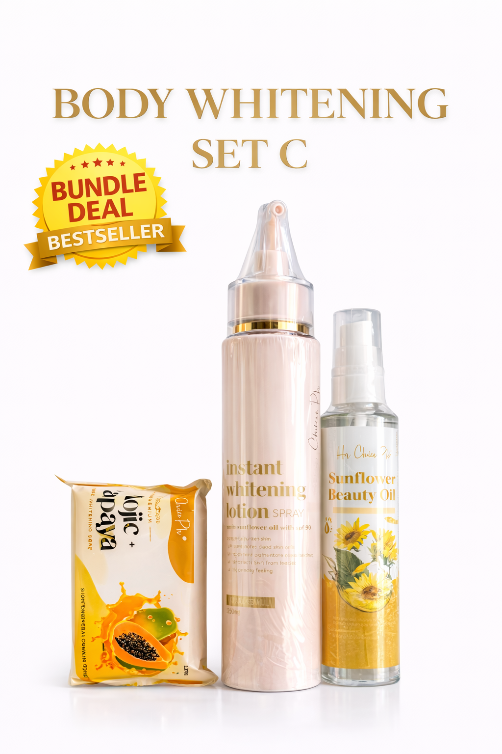 Her Choice PH Radiance Body Oil, Lotion, and Soap set displayed together, showcasing smooth, glowing skin and elegant packaging.