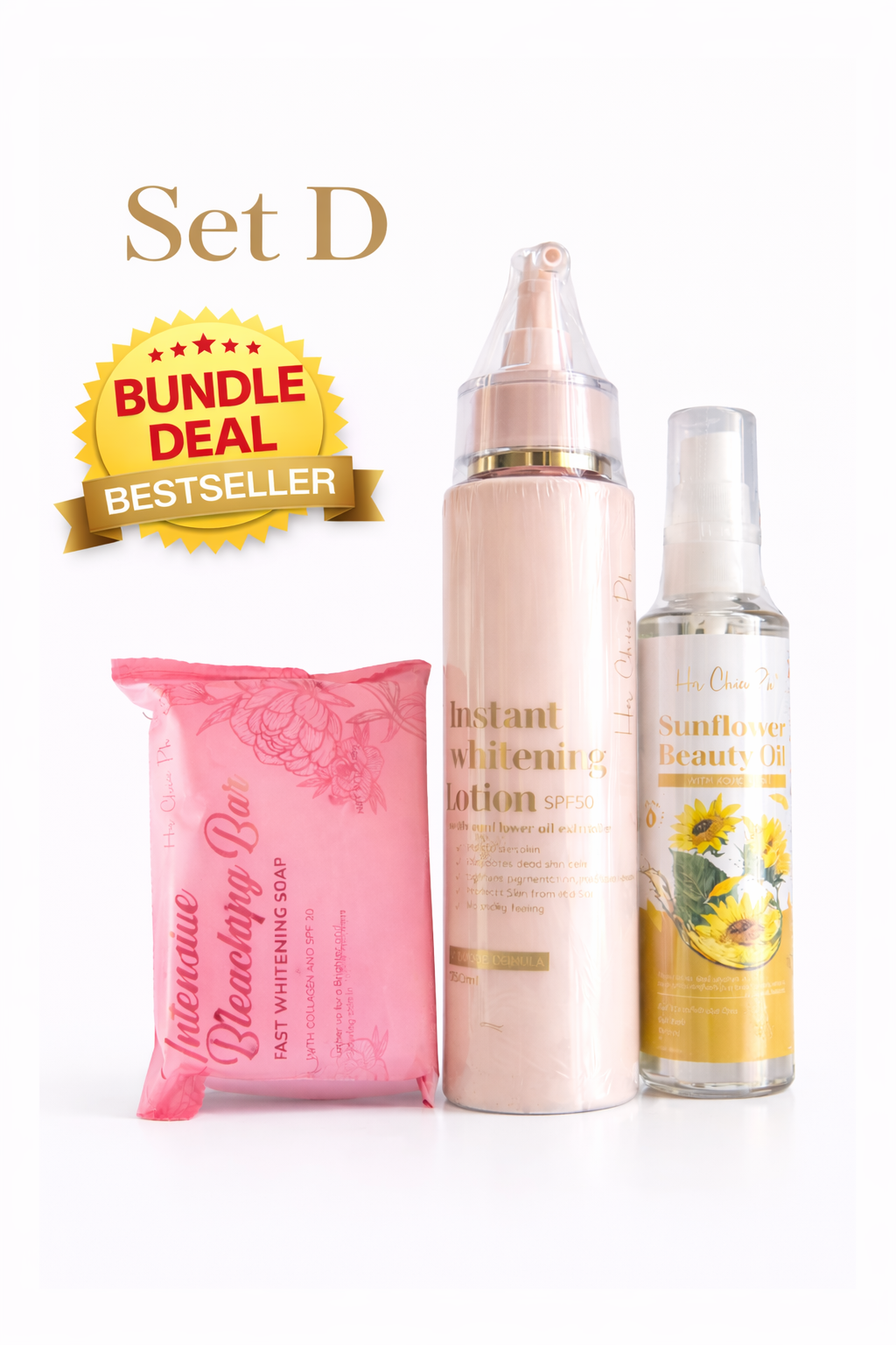 Her Choice PH radiance body oil, lotion, and soap set displayed in a bathroom setting, showcasing smooth, glowing skin products.