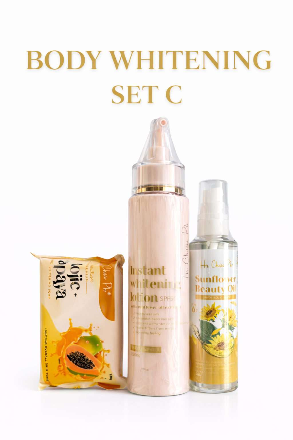 Her Choice PH Radiance body care set with body oil, lotion, and soap displayed on a white background.