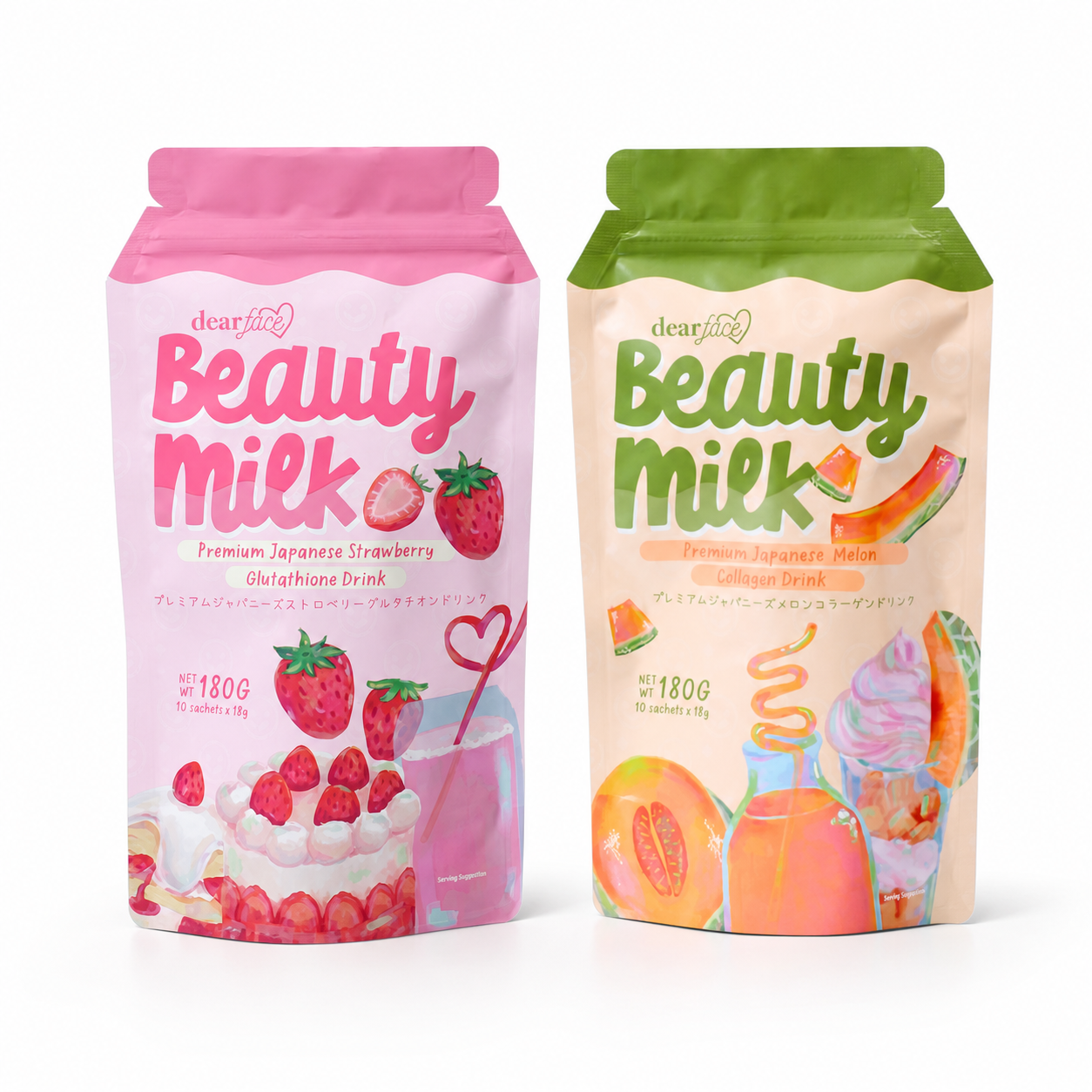 Two packages of 'Beauty Milk' drink mix, one strawberry flavor and one melon flavor, on a white background.