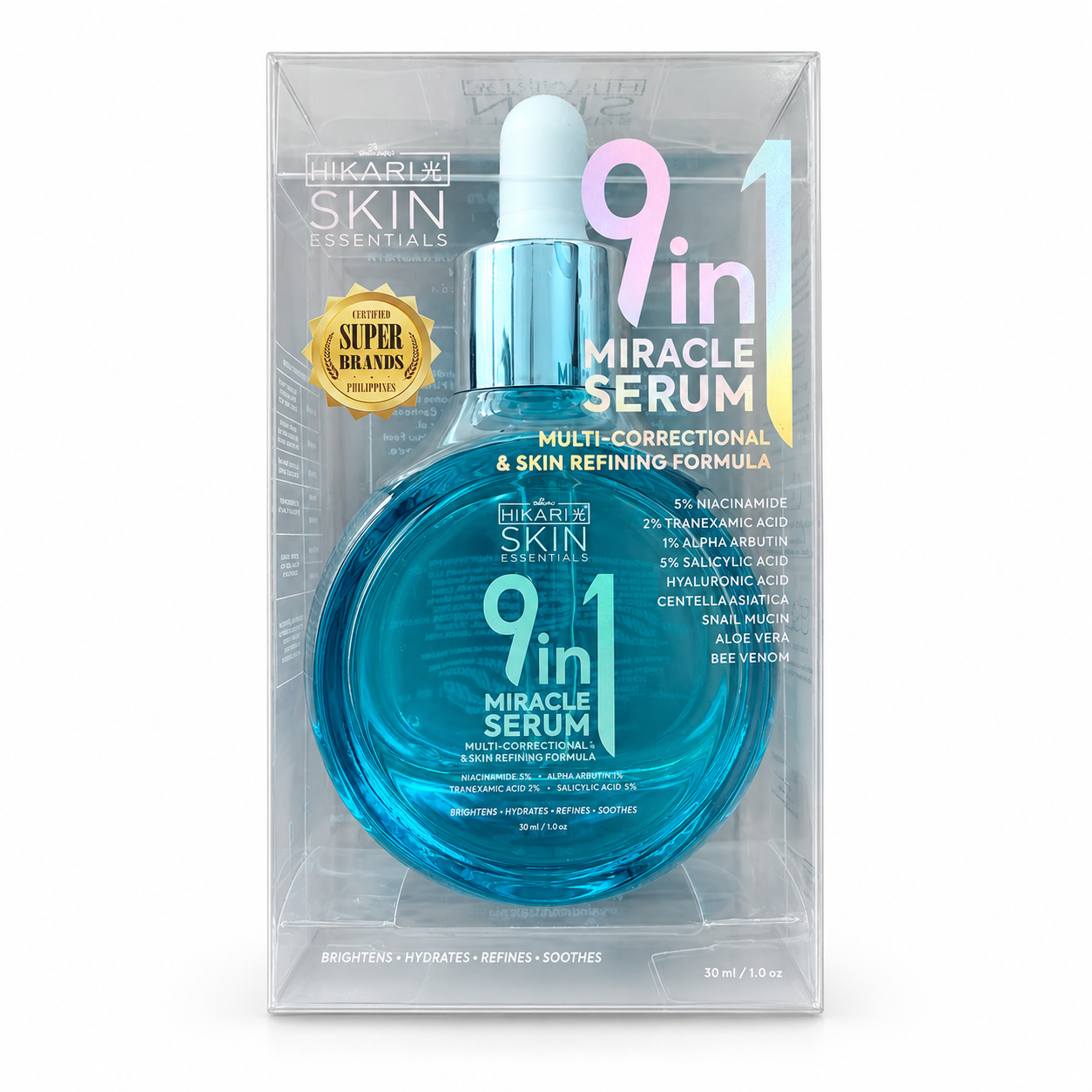 Hikari Skin Essentials Brightening & Hydrating Face Serum 30ml bottle with a sleek design and clear labeling.
