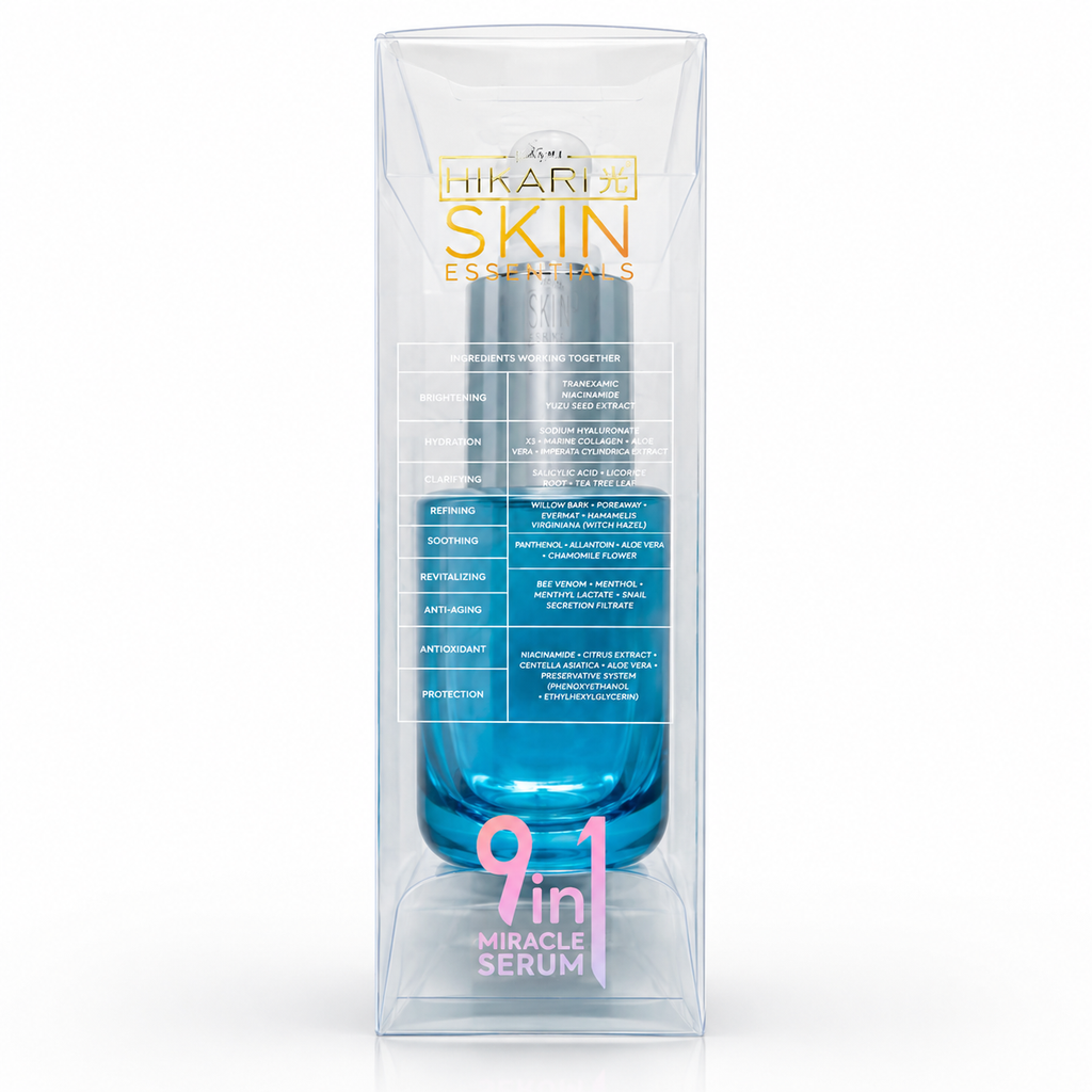 Hikari Skin Essentials Brightening & Hydrating Face Serum 30ml bottle with clear packaging and dropper applicator.