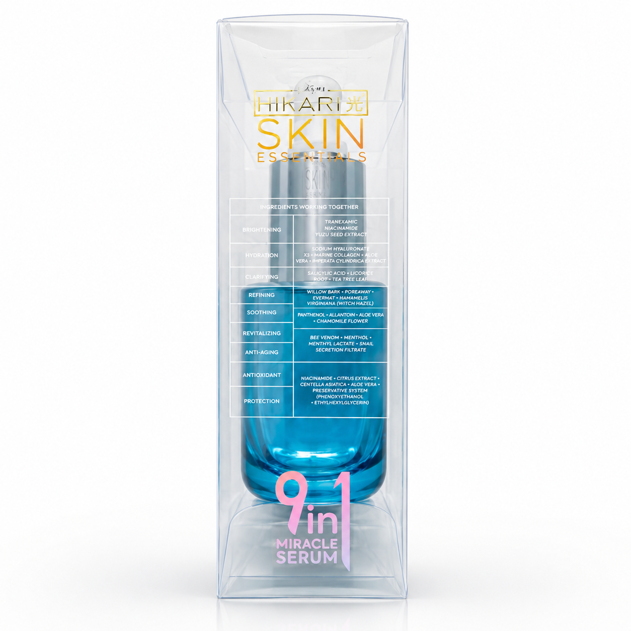 Hikari Skin Essentials Brightening & Hydrating Face Serum 30ml bottle with clear packaging and dropper applicator.