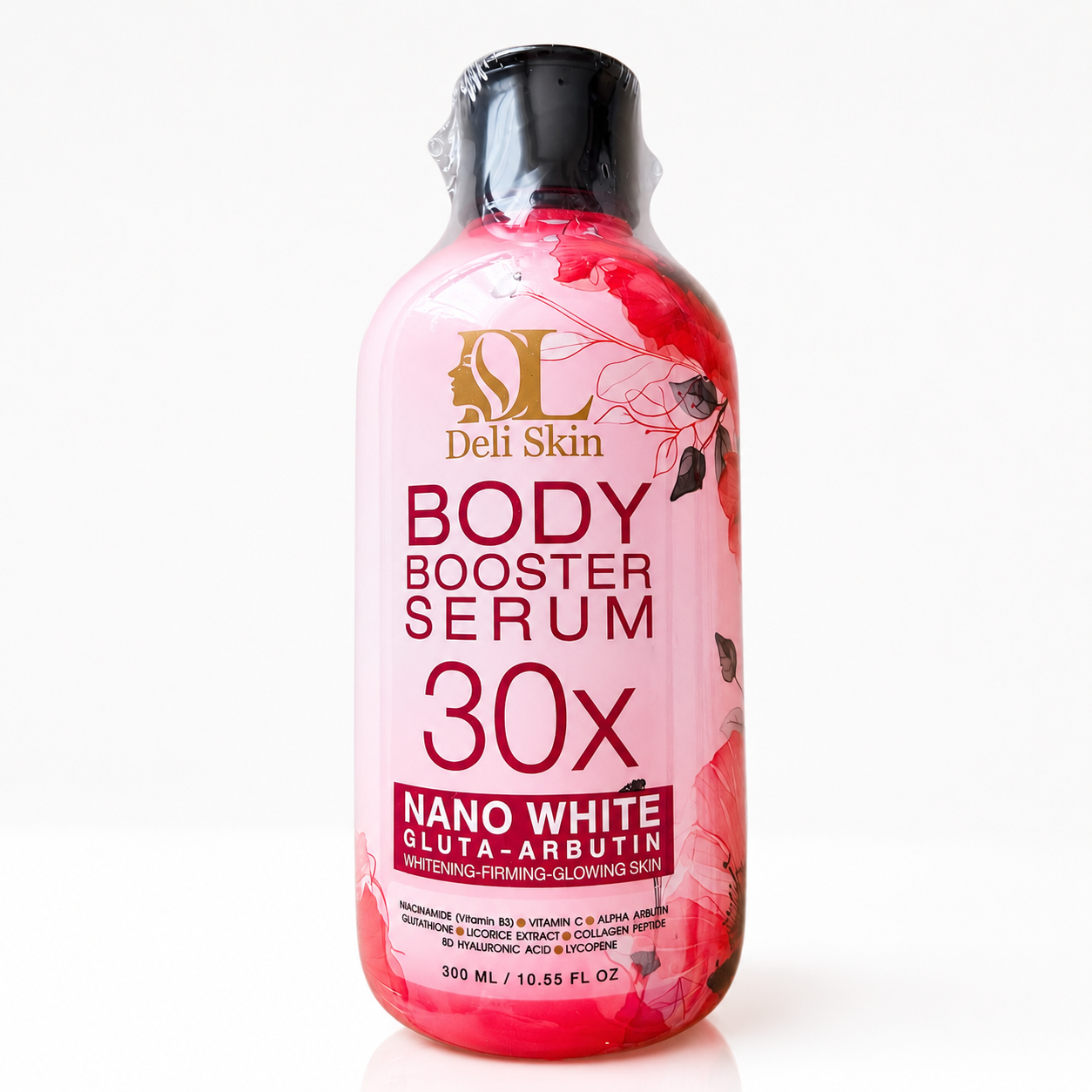 Deli Skin Nano White Gluta-Arbutin Body Serum bottle, 300ml, with white and purple packaging, showcasing the body serum product.