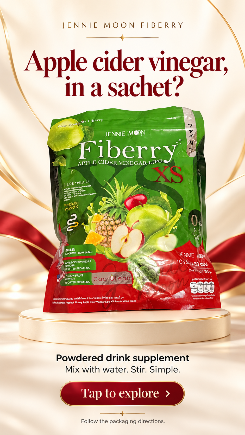 Jennie Moon Fiberry apple cider vinegar powder in a green and red sachet, displayed on a gold pedestal with promotional text about mixing with water.