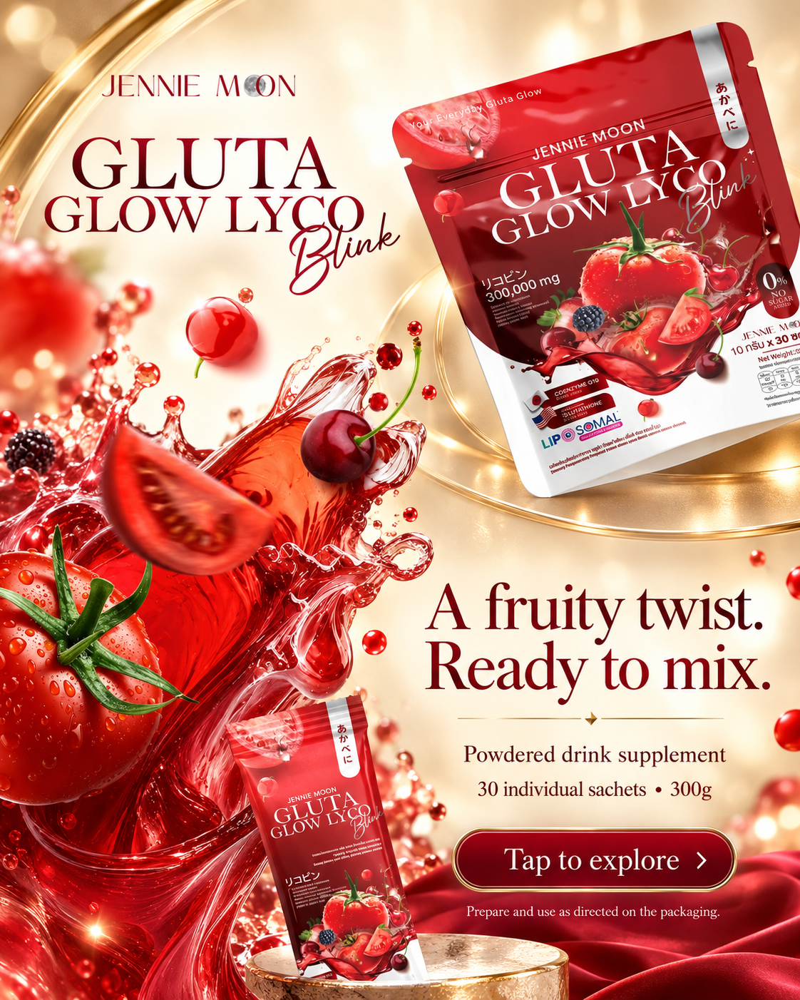 Promotional graphic for Jennie Moon Gluta Glow Lyco Blink, showing two red stand-up pouches of the powdered drink supplement on a warm gold background with strawberries, cherries, and liquid splash graphics. Text reads 'A fruity twist.