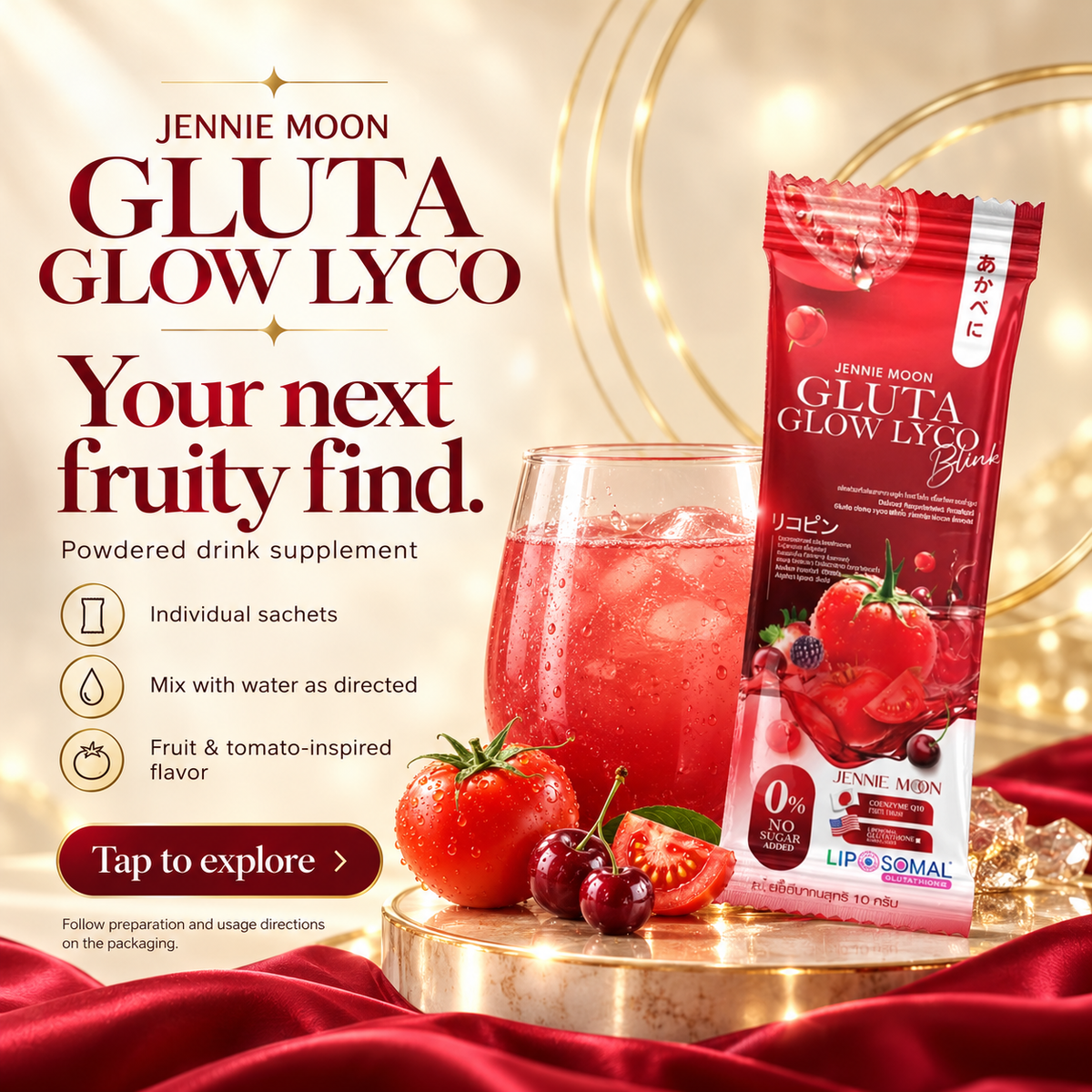 Jennie Moon Gluta Glow Lyco powder drink supplement sachet shown next to a glass of pink drink, strawberries, and cherries on a gold tray with red fabric and warm golden bokeh background.