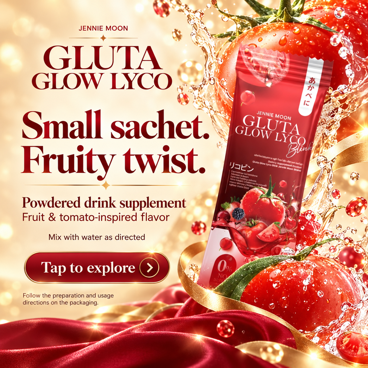 Jennie Moon Gluta Glow Lyco powder drink supplement tube in fruit and tomato-inspired flavor, shown with large promotional text, strawberries, water splashes, and a gold ribbon on a warm golden background.