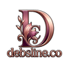 A stylized decorative letter D with floral scrollwork in metallic rose-gold and deep plum tones, above the text 'debsline.co' on a plain white background.