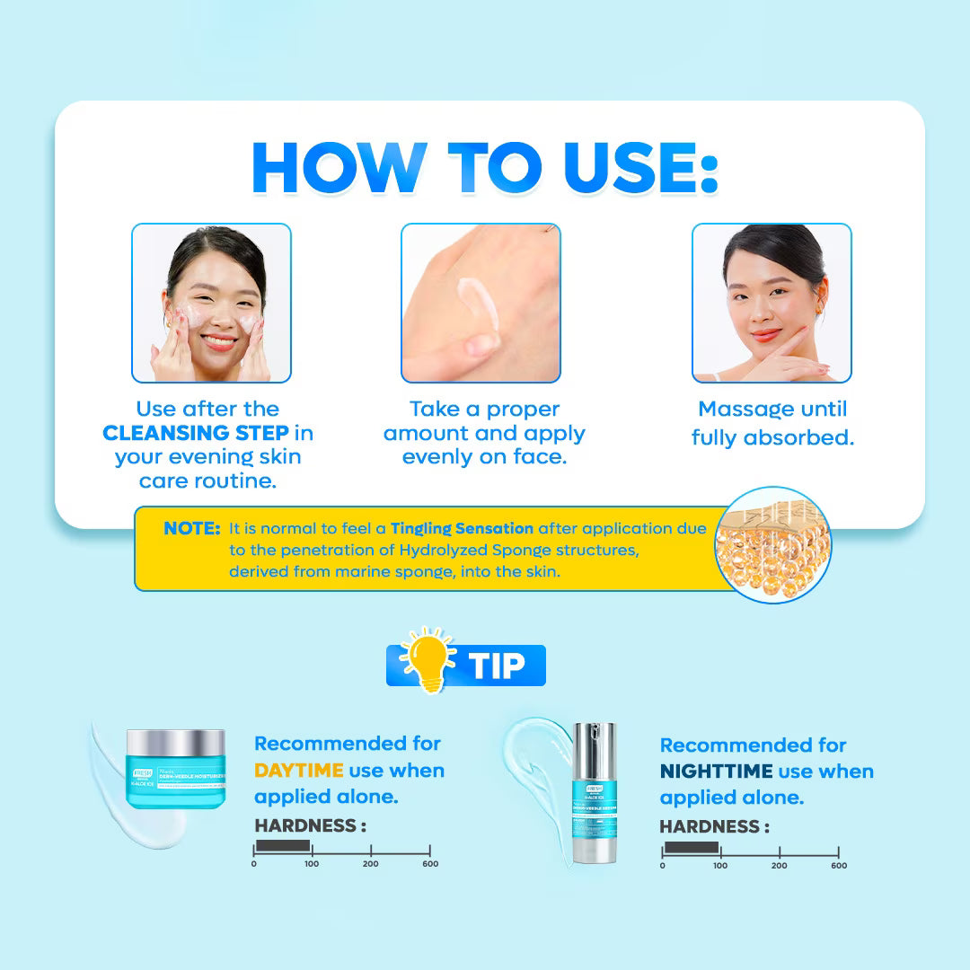 Instructions on how to use a skincare product with images and text on a light blue background.