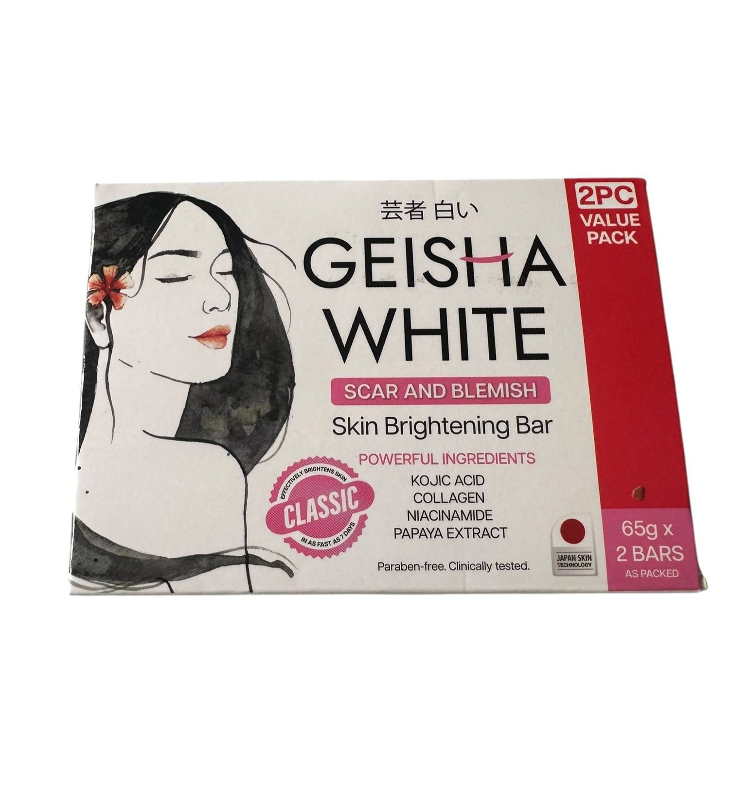 Geisha White Radiance Bar Soap 65g x 2 with even tone treatment, classic white soap bar for skin brightening and skincare.