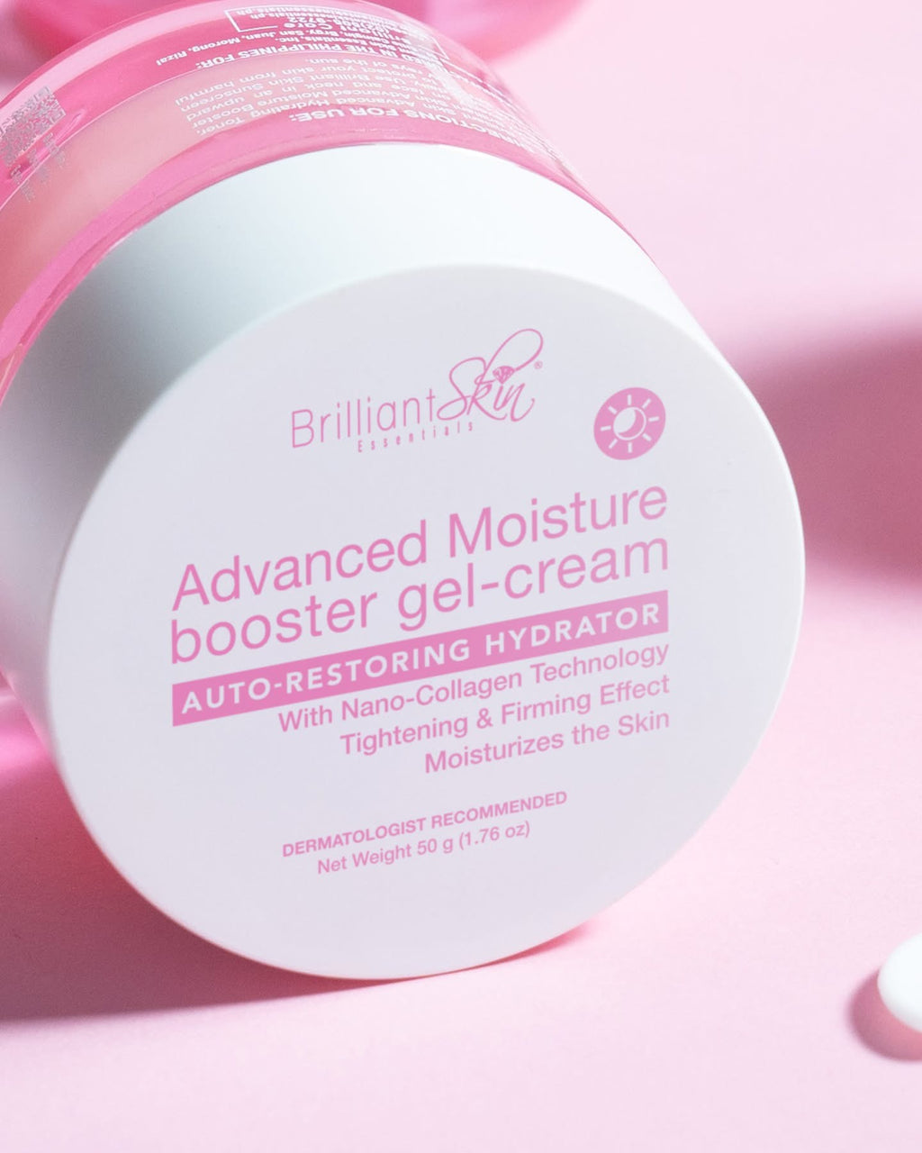 Brilliant Skin Essentials Moisture Booster Gel-Cream 50g in a sleek jar, showing its smooth, hydrating texture for radiant skin.