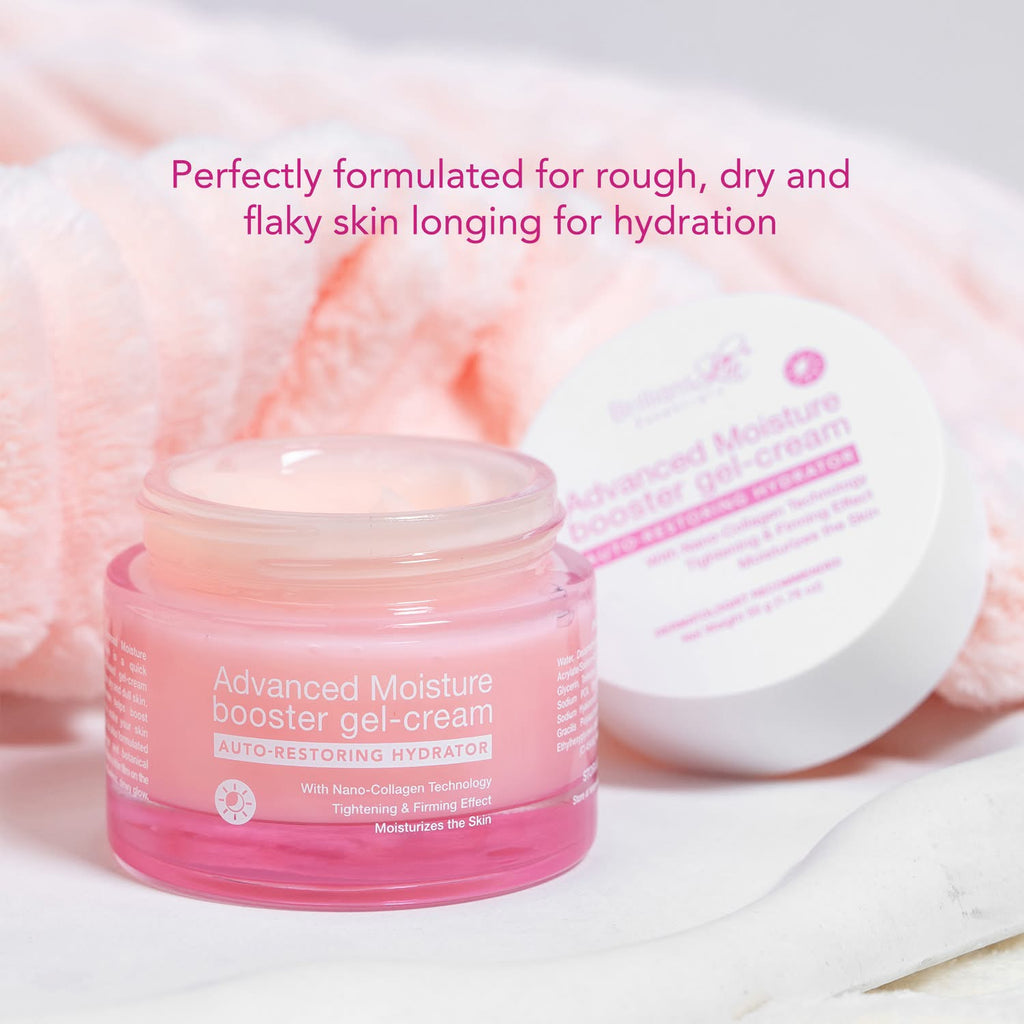 Brilliant Skin Essentials Moisture Booster Gel-Cream 50g in a clear jar with smooth, lightweight gel-cream texture.