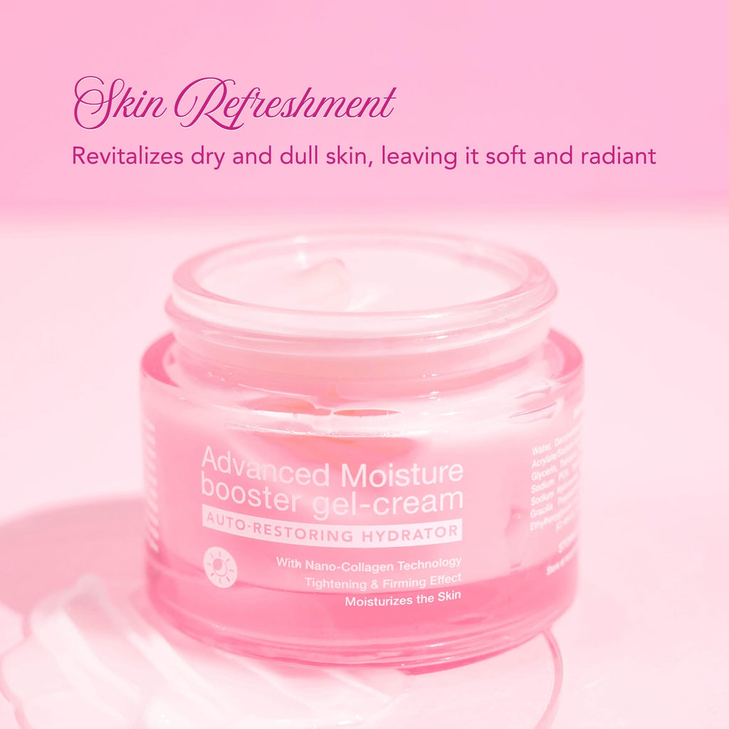 Brilliant Skin Essentials Moisture Booster Gel-Cream 50g jar with smooth, hydrating gel-cream texture on a white background.