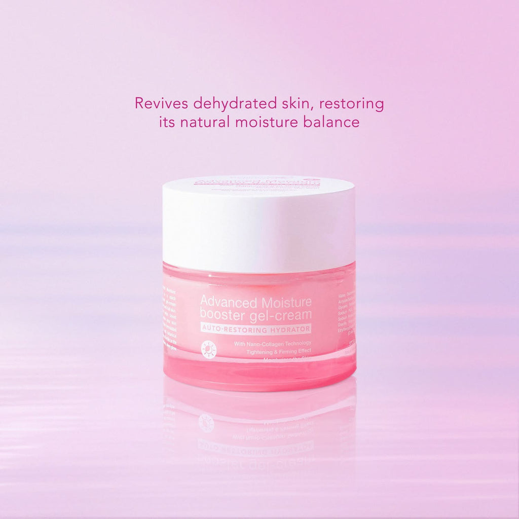 Brilliant Skin Essentials Moisture Booster Gel-Cream 50g jar with clear lid, showcasing the hydrating skincare product.