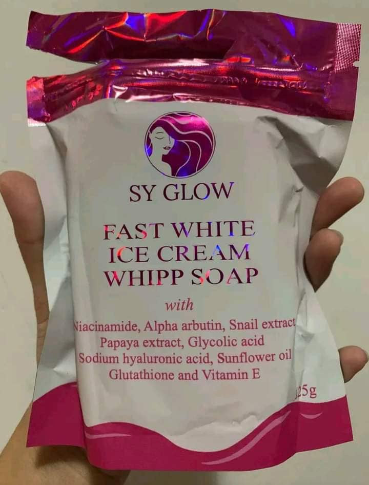 SY Glow Ice Cream Whipp Soap 125g exfoliating bar soap with creamy texture and smooth surface, designed for gentle cleansing and skincare.