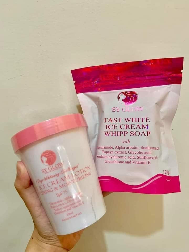 Sy Glow Ice Cream Whipp Soap 125g exfoliating bar with creamy texture and refreshing appearance, designed for gentle skin cleansing.
