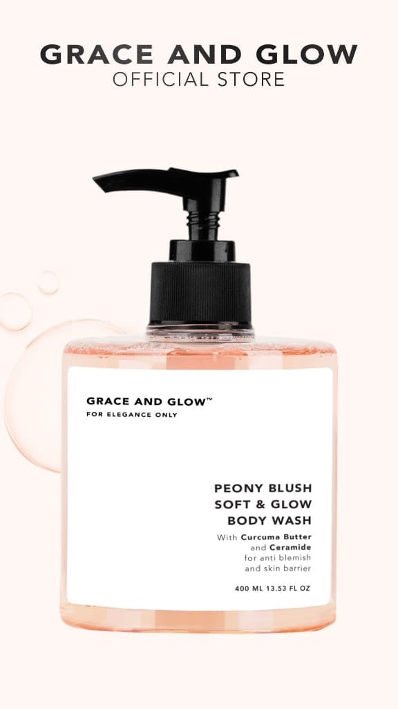 Grace and Glow hydrating body wash 400ml bottle with a sleek design, moisturizing and nourishing skin during use.
