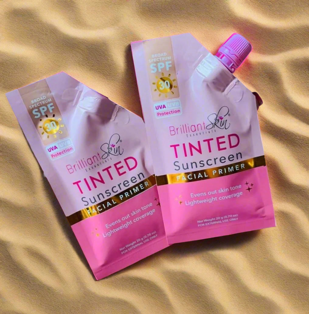 Brilliant Skin Essentials tinted facial sunscreen in a 20g lightweight tube, providing sun protection and skin brightening.
