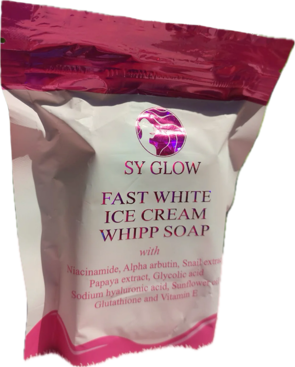 Sy Glow Ice Cream Whipp Soap 125g exfoliating bar soap with creamy texture and refreshing ice cream scent, designed for gentle cleansing.