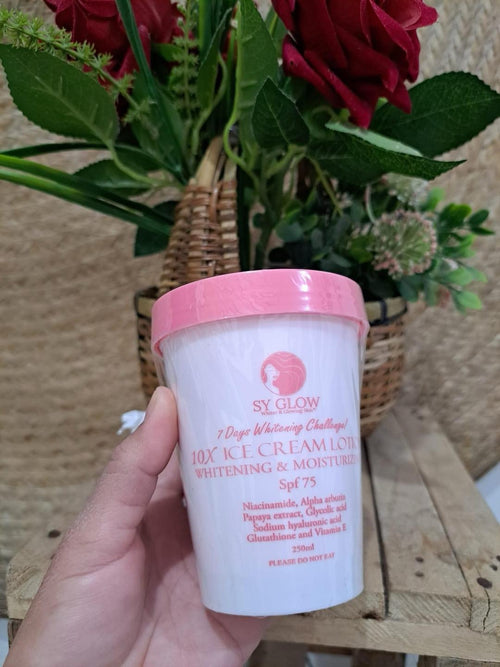Sy Glow Iced Cream Whipped Lotion 250ml with SPF75, moisturizing body and face lotion in a white jar with a silver lid.