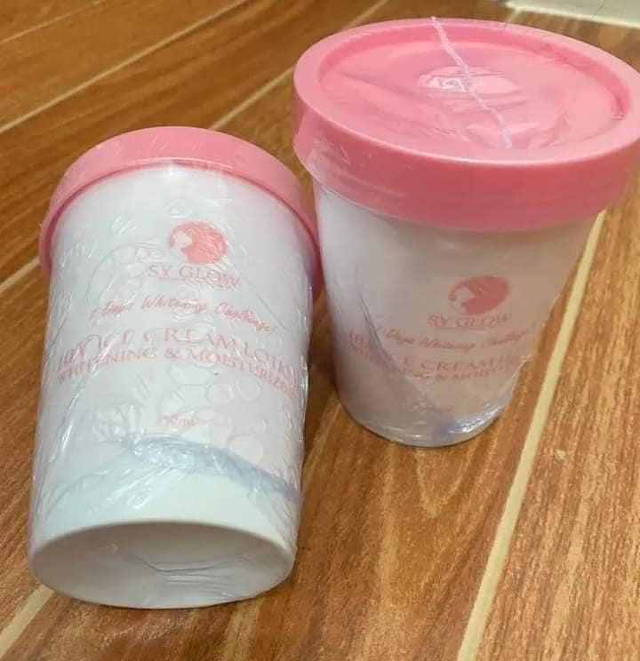 Sy Glow Iced Cream Whipped Lotion 250ml with SPF75, moisturizing body and face lotion, creamy texture, white pump bottle.