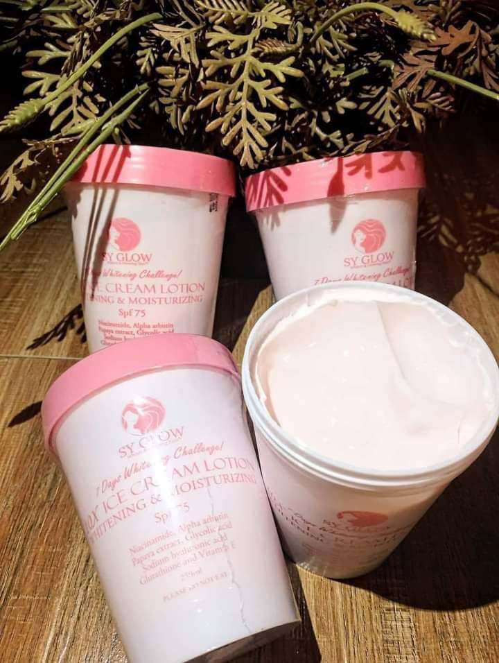 Sy Glow Iced Cream Whipped Lotion 250ml with SPF75, moisturizing body and face lotion with a creamy, whipped texture.