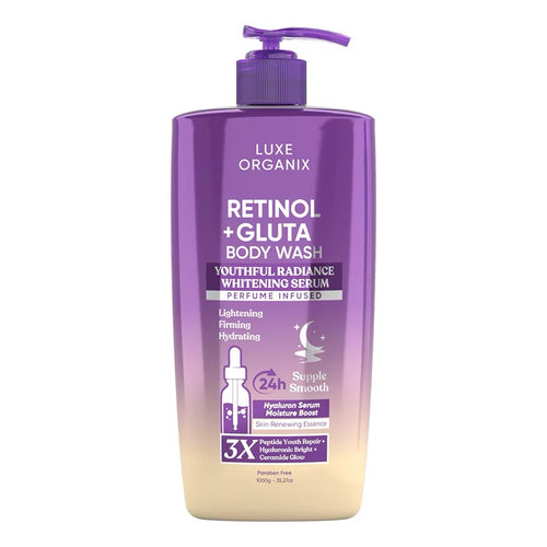 Luxe Organix Body Wash 1000ml bottle, radiance cleansing body care product with skin repair properties, shown in a bathroom setting.