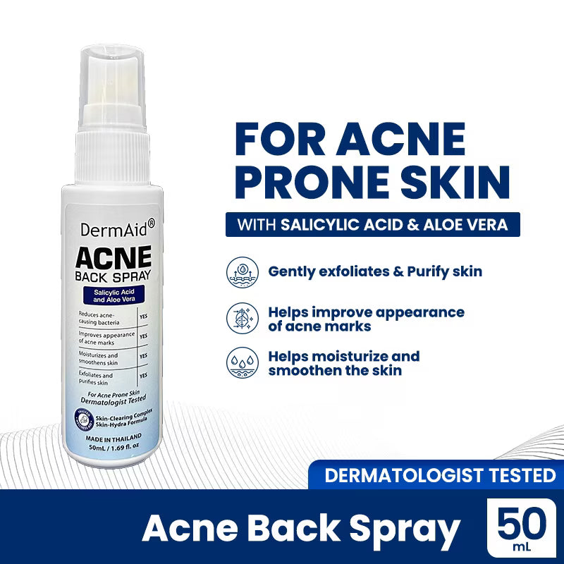 DermAid Acne Back Spray bottle with product details on a white background