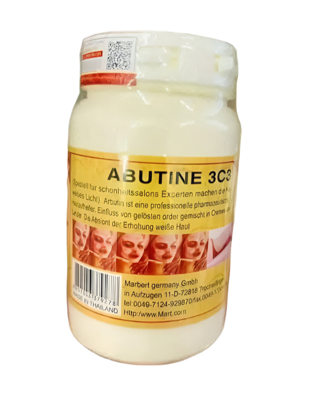 Abutin 3C Arbutin Brightening Body Cream with dark spot care, showing creamy texture and light skin tone application.
