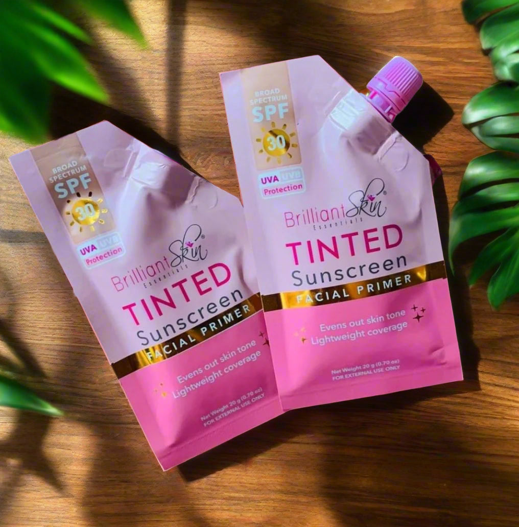 Brilliant Skin Essentials tinted facial sunscreen in a 20g lightweight tube, providing sun protection and skin care.