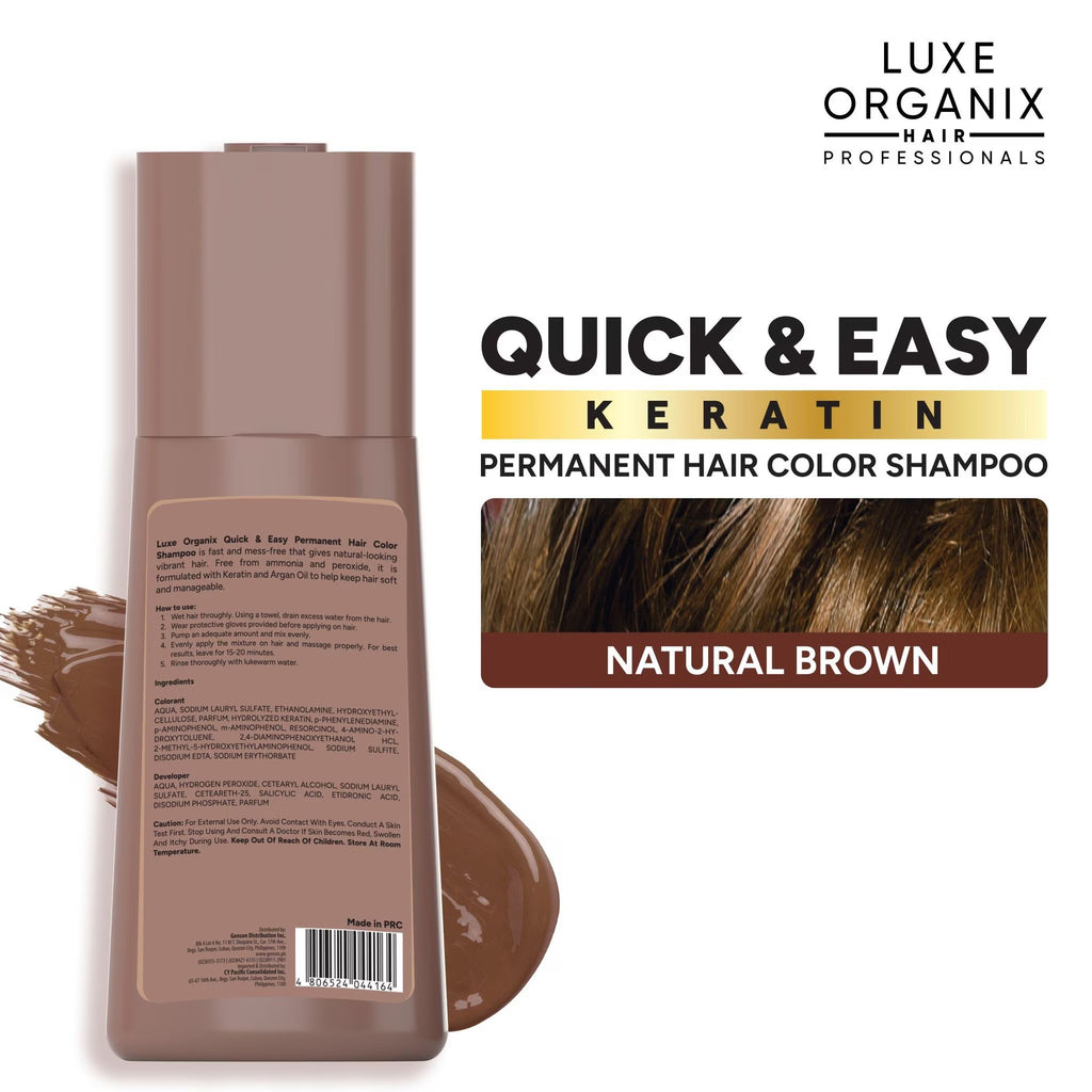 Luxe Organix hair color shampoo bottle with product details on a white background