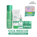 Luxe Organix Cica Rescue beauty bundle with products and a free holographic pouch on a white background.
