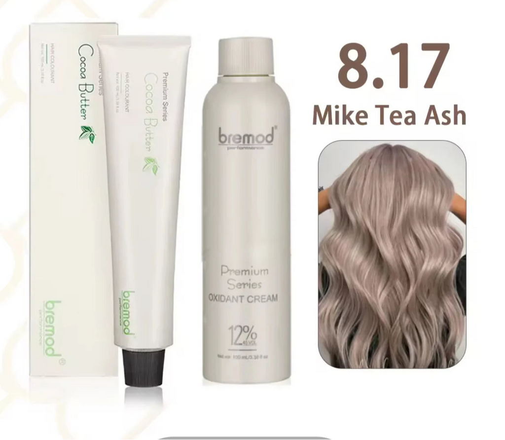 Bremod Performance Milk Tea Ash Hair Colorant kit with 100ml cocoa butter dye and 12% oxidant cream for salon-quality hair coloring.